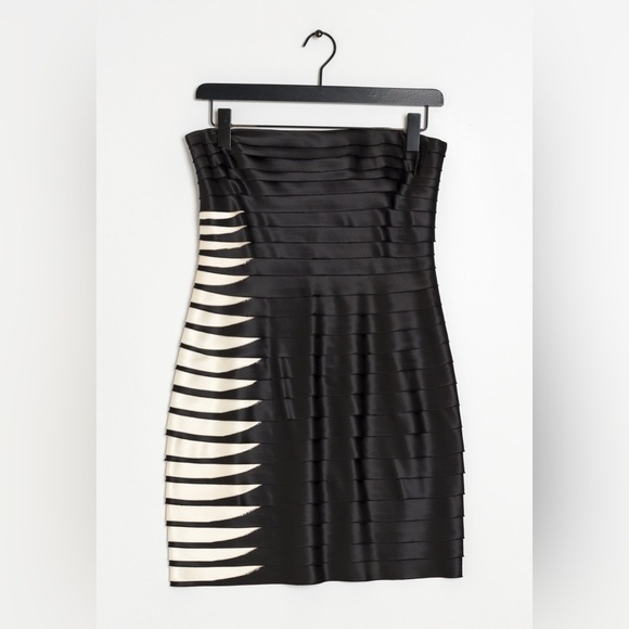 BCBGMaxAzria Black Ivory Mini Cocktail Party Shutter Pleated Dress Satin Tiered - Picture 7 of 11